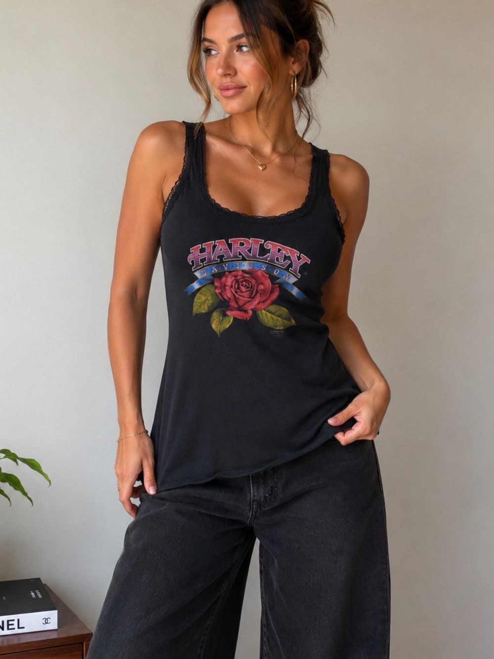 Harley-Davidson Black Tank with Red Rose and Blue Banner
